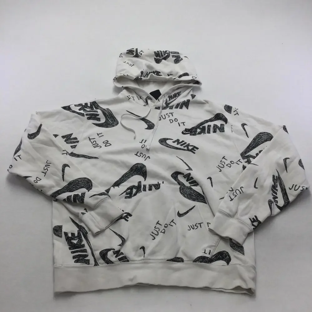 Nike Hoodie Mens Medium White Just Do It Allover Graphic Pullover Sweatshirt